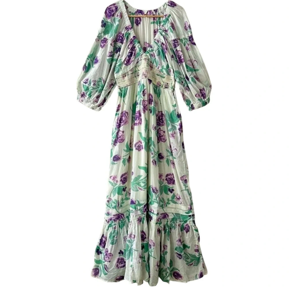 New Free People Golden Hour Floral Maxi Dress $168 X-SMALL Purple Green Boho